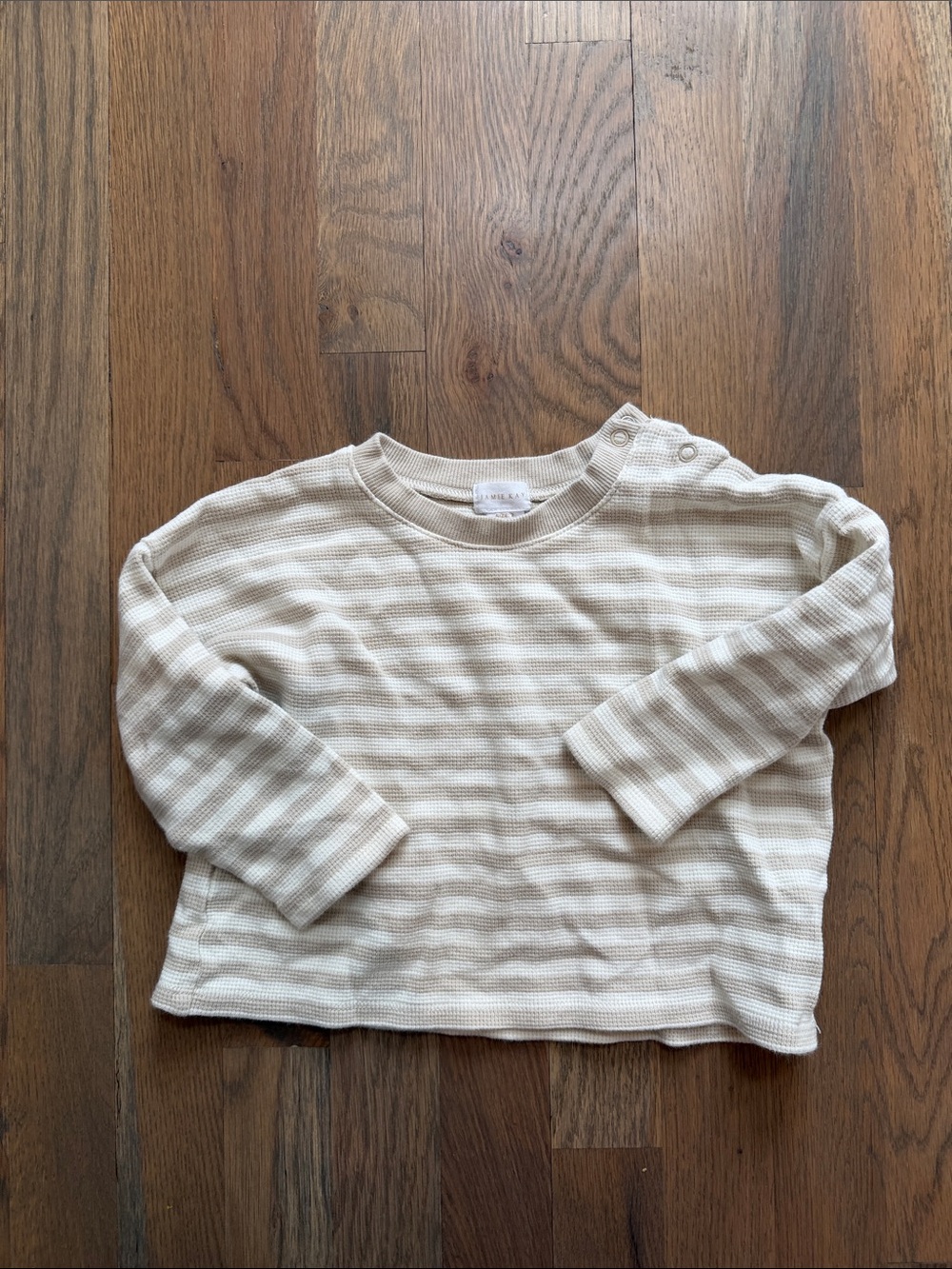 Striped Long-Sleeve Waffle Knit Baby Top - Cream & White